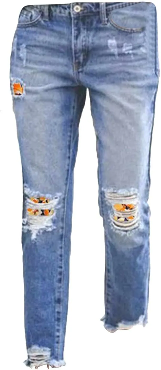 Ripped Jeans Women Skinny Stretchy Distressed Destructed Washed Frayed Raw Hem Boyfriend Denim Pants with Pockets