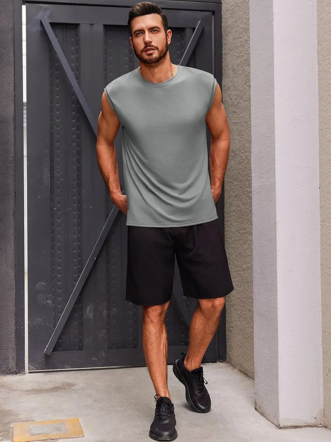 Runcati Men's Sleeveless Tank Tops Crewneck Casual Workout Gym Cut Off Muscle Fit T Shirt