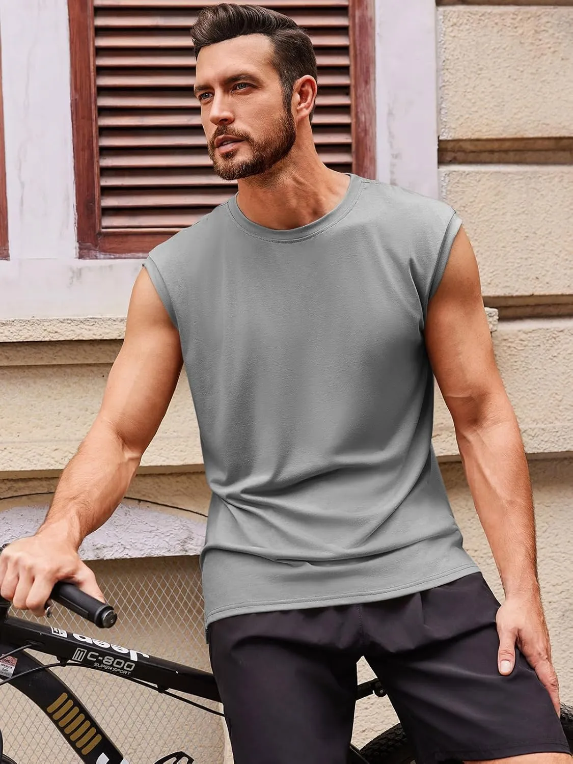 Runcati Men's Sleeveless Tank Tops Crewneck Casual Workout Gym Cut Off Muscle Fit T Shirt