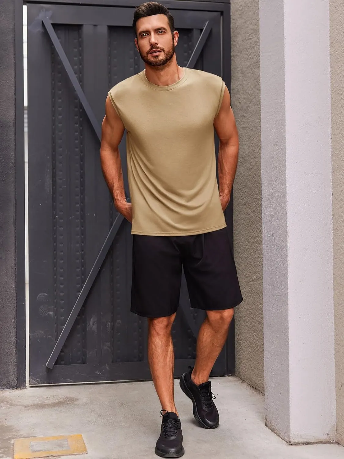 Runcati Men's Sleeveless Tank Tops Crewneck Casual Workout Gym Cut Off Muscle Fit T Shirt