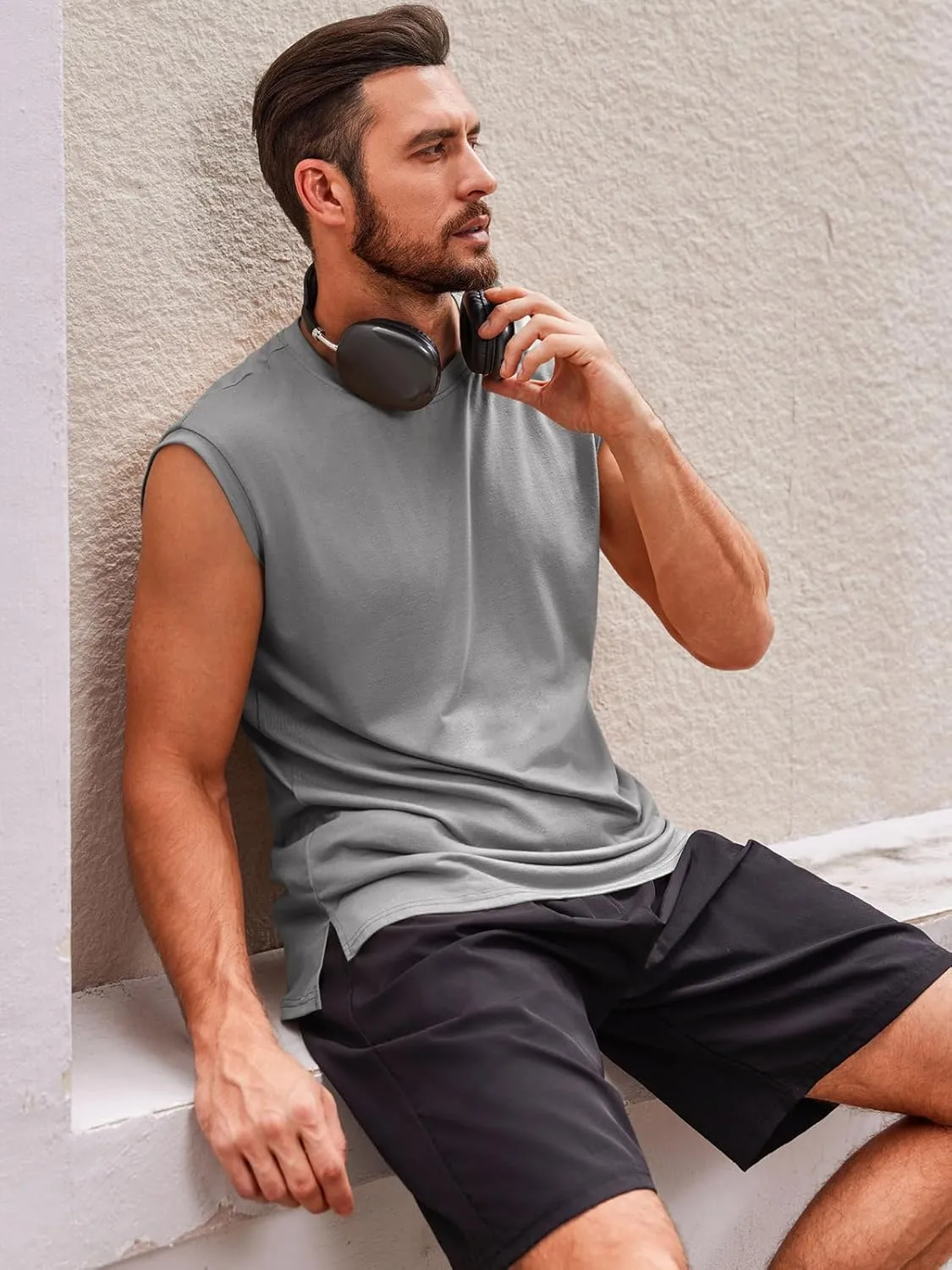 Runcati Men's Sleeveless Tank Tops Crewneck Casual Workout Gym Cut Off Muscle Fit T Shirt