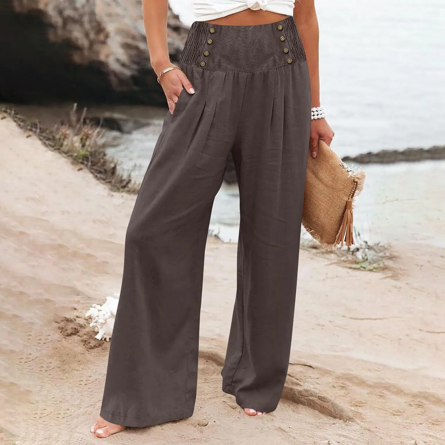 Rvidbe Linen Pants Women Tall 2024 Comfy Flowy Wide Leg Pants Trousers Summer High Waisted Beach Palazzo Pants with Pockets