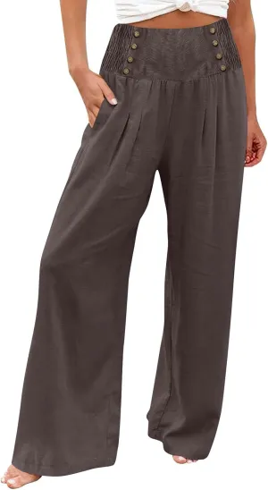 Rvidbe Linen Pants Women Tall 2024 Comfy Flowy Wide Leg Pants Trousers Summer High Waisted Beach Palazzo Pants with Pockets