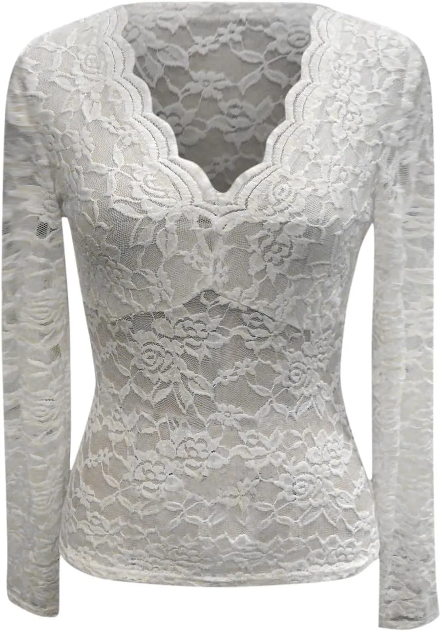 See Through Mesh Tops for Women Sheer Long Sleeve Sexy Deep V Neck Blouses Undershirts Slim Fit Floral Lace Tee Shirt
