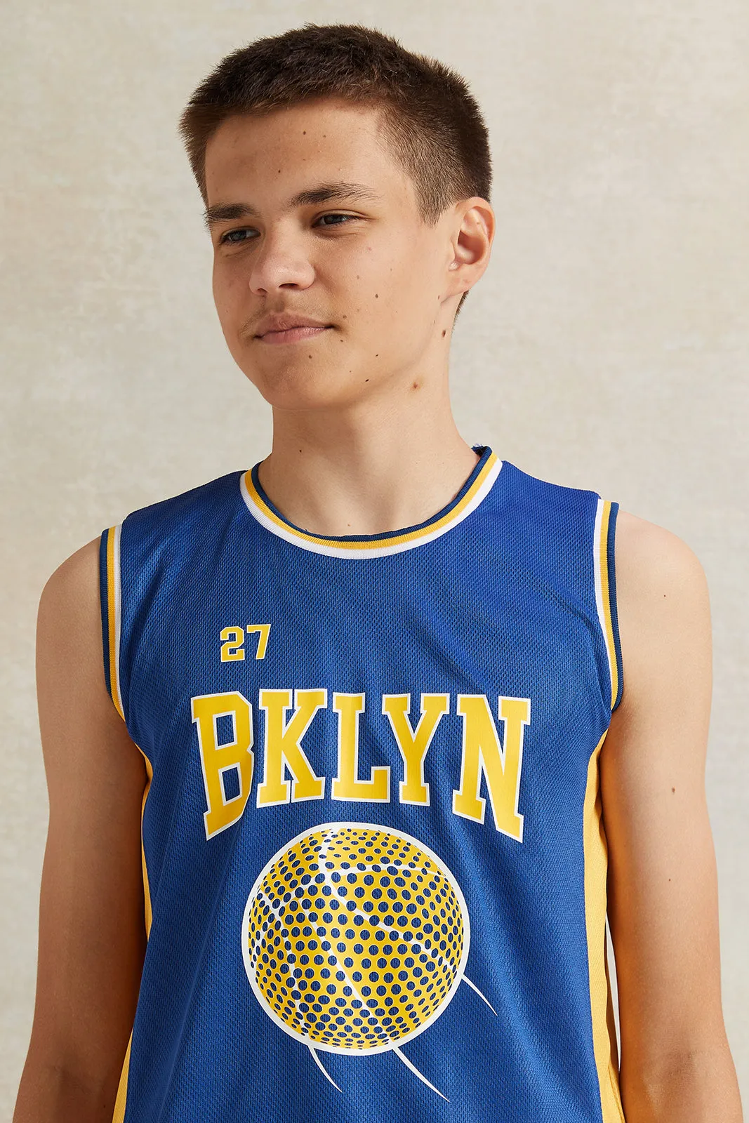 Senior Boys Blue Printed Sleeveless T-Shirt