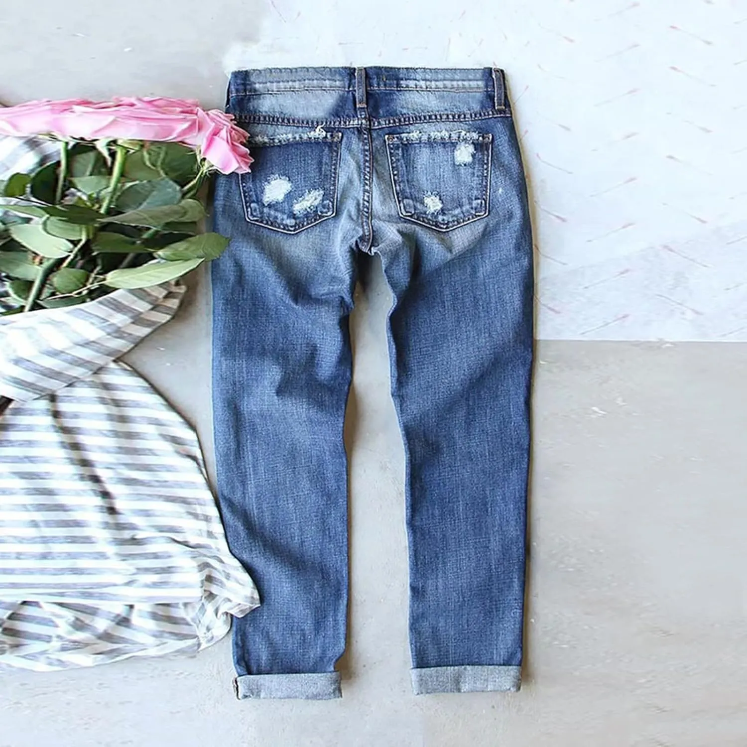 Sequin Jeans Mardi Gras Pants for Women Straight Leg Roll-up Denim Pants Distressed Frayed Raw Hem Boyfriend Jeans for Women