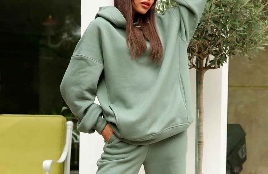 Set: Long Sleeve Plain Loose-Fit Hoodie   Straight-Leg Sweatpants