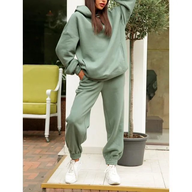 Set: Long Sleeve Plain Loose-Fit Hoodie   Straight-Leg Sweatpants
