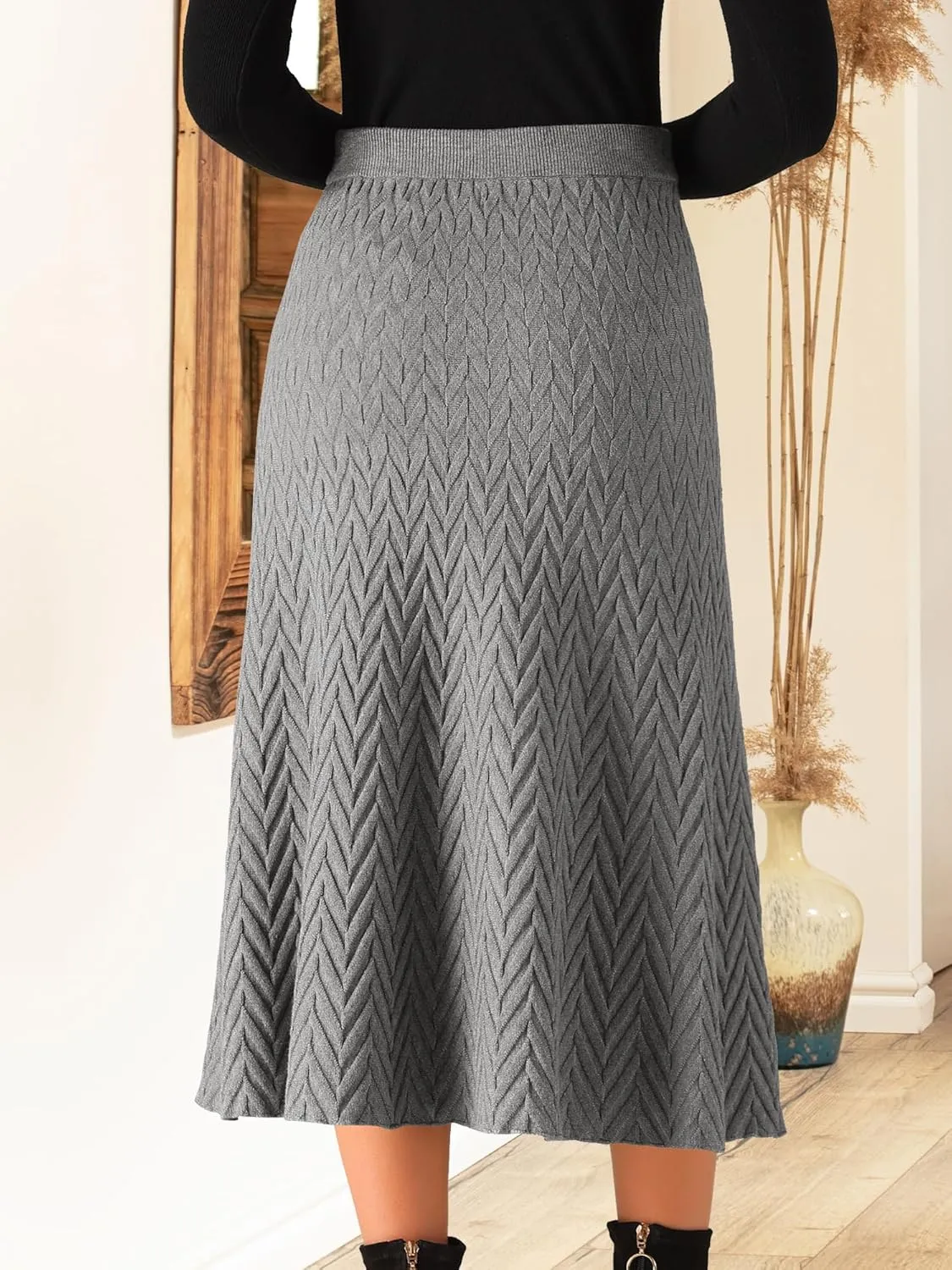 Seta T Women's Ribbed Knit A-Line Skirts Elastic High Waist Stretchy Sweater Midi Skirt