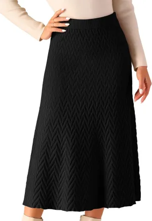 Seta T Women's Ribbed Knit A-Line Skirts Elastic High Waist Stretchy Sweater Midi Skirt