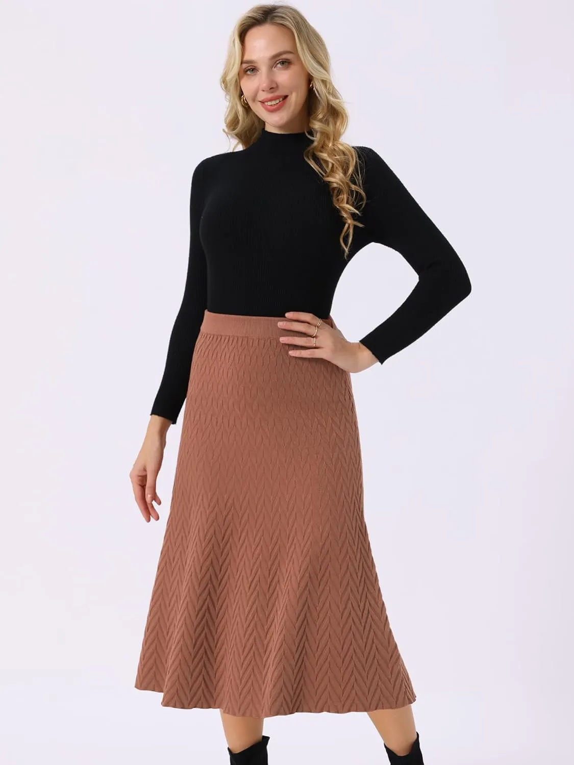 Seta T Women's Ribbed Knit A-Line Skirts Elastic High Waist Stretchy Sweater Midi Skirt