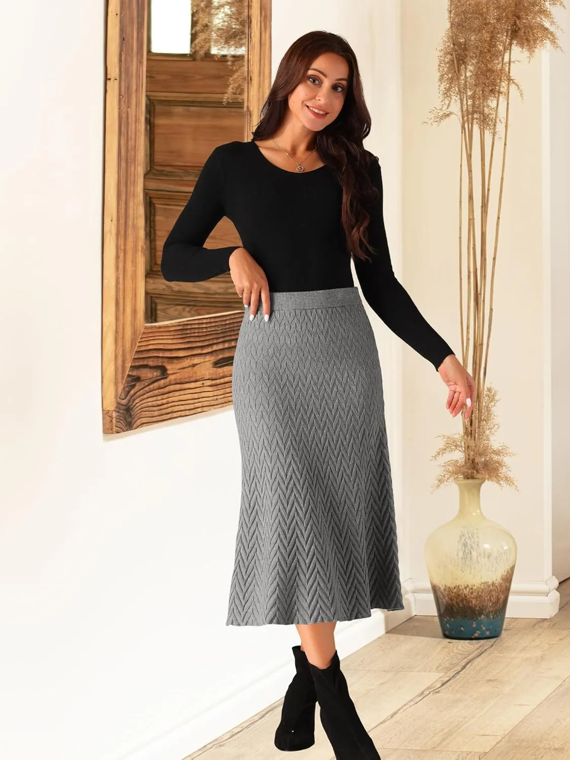Seta T Women's Ribbed Knit A-Line Skirts Elastic High Waist Stretchy Sweater Midi Skirt