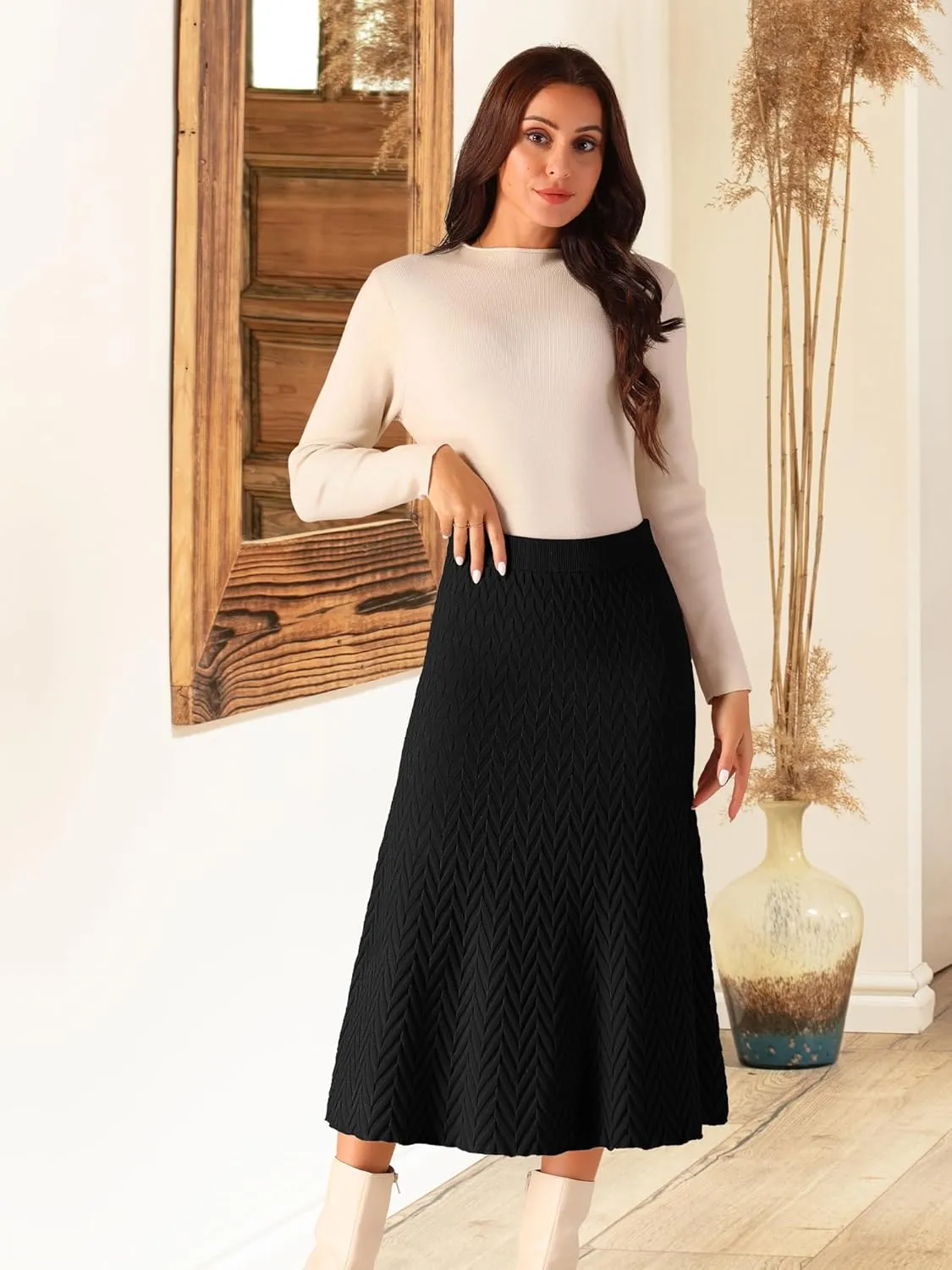 Seta T Women's Ribbed Knit A-Line Skirts Elastic High Waist Stretchy Sweater Midi Skirt