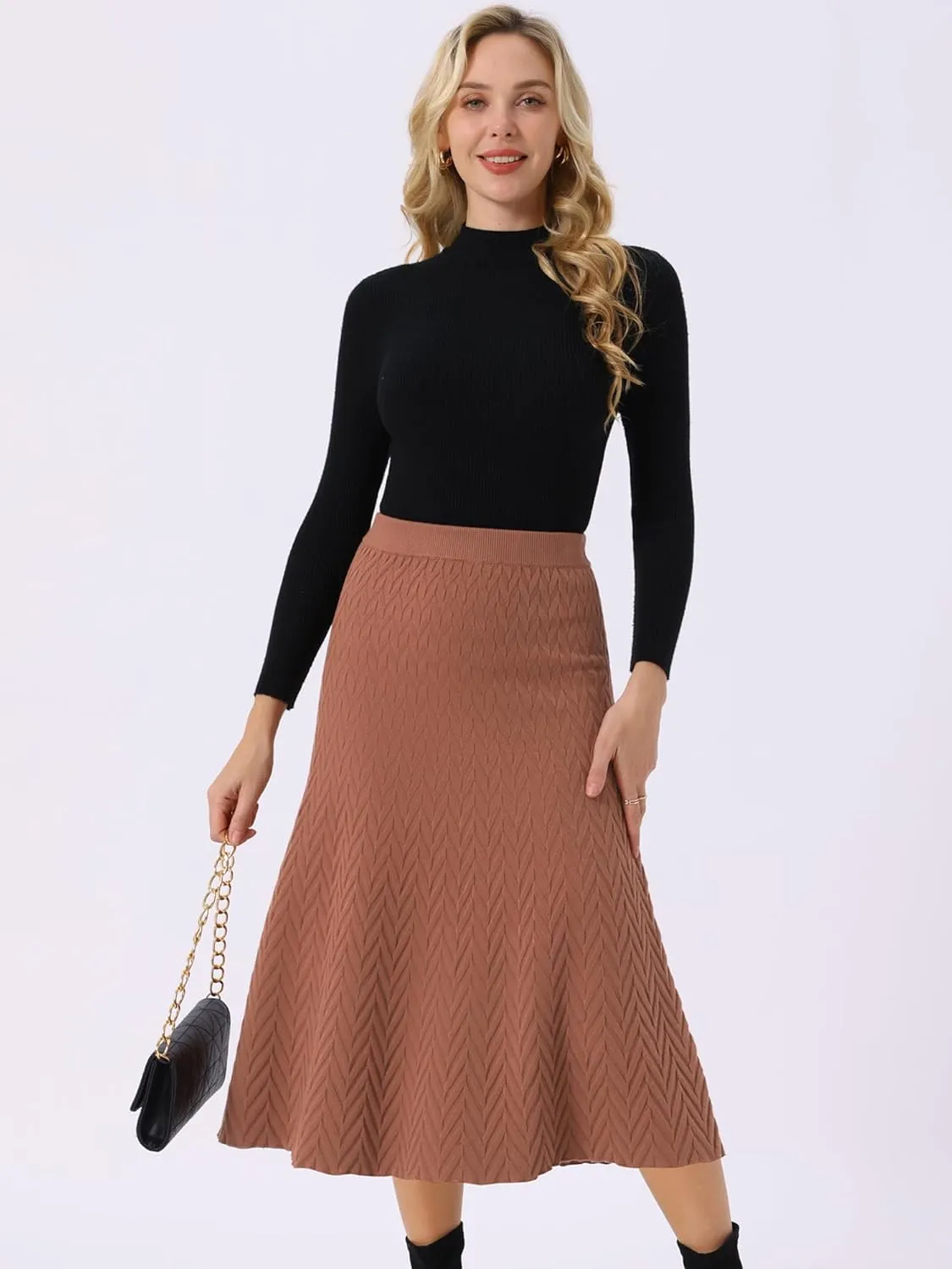 Seta T Women's Ribbed Knit A-Line Skirts Elastic High Waist Stretchy Sweater Midi Skirt