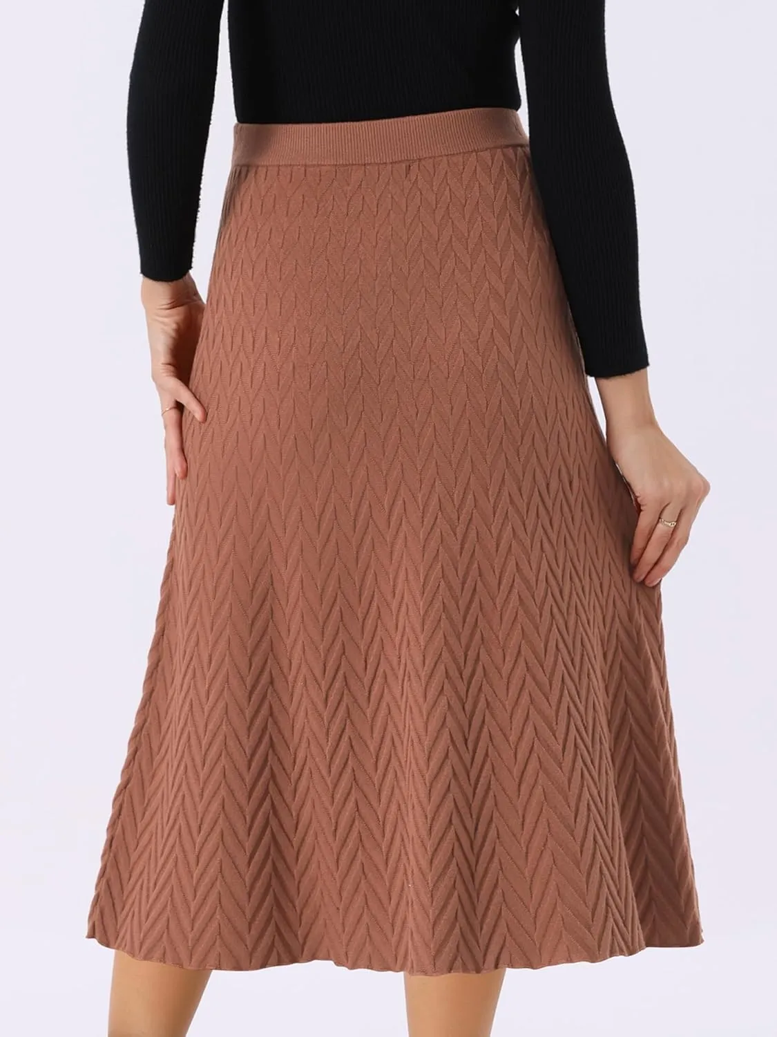 Seta T Women's Ribbed Knit A-Line Skirts Elastic High Waist Stretchy Sweater Midi Skirt
