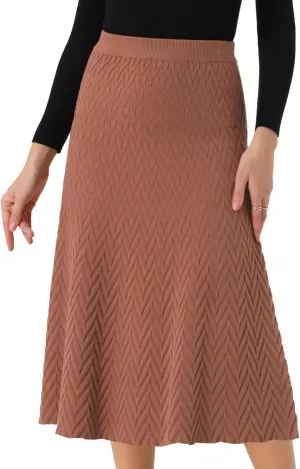 Seta T Women's Ribbed Knit A-Line Skirts Elastic High Waist Stretchy Sweater Midi Skirt