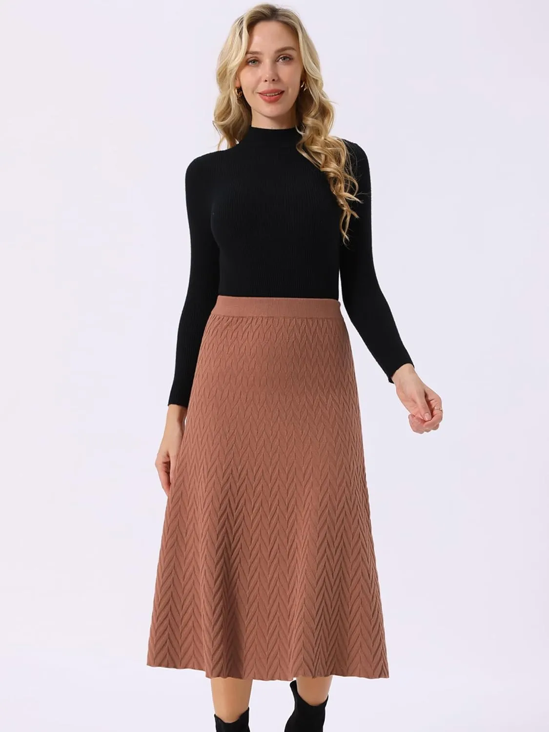 Seta T Women's Ribbed Knit A-Line Skirts Elastic High Waist Stretchy Sweater Midi Skirt