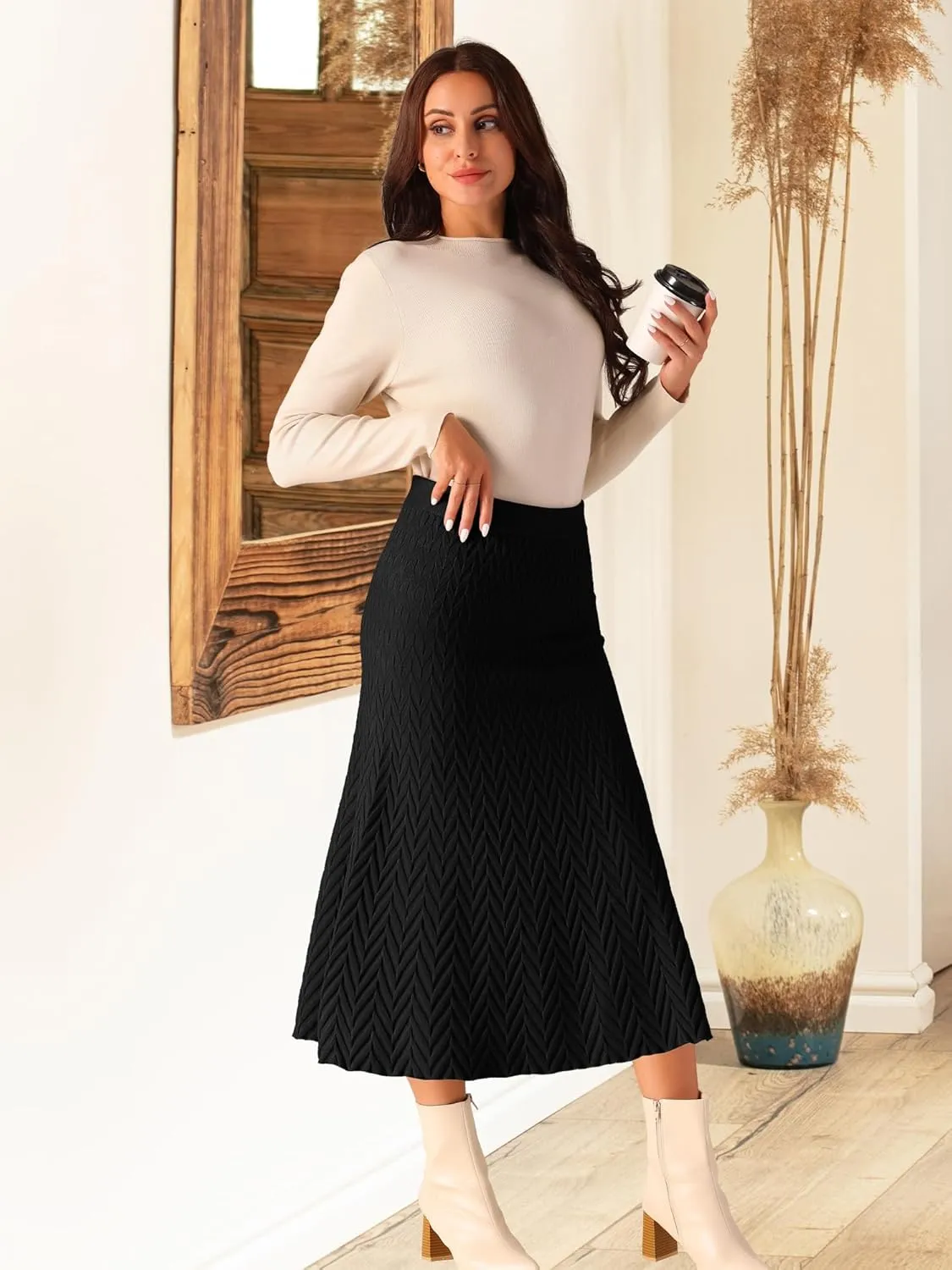 Seta T Women's Ribbed Knit A-Line Skirts Elastic High Waist Stretchy Sweater Midi Skirt
