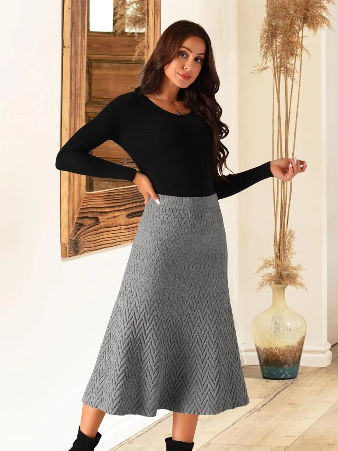 Seta T Women's Ribbed Knit A-Line Skirts Elastic High Waist Stretchy Sweater Midi Skirt