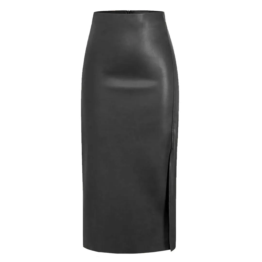 Side Slit High Waist PU Midi Skirt