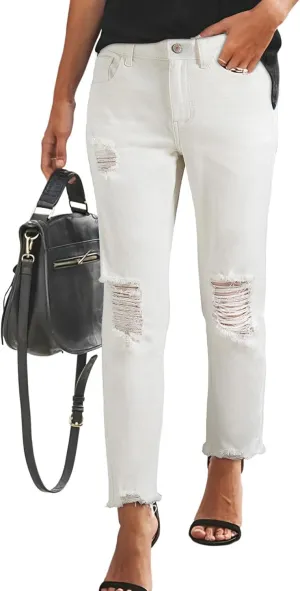 Sidefeel Women's Boyfriend Jeans Stretchy Ripped Distressed Zimbaplatinum Denim Pants Size 4-18