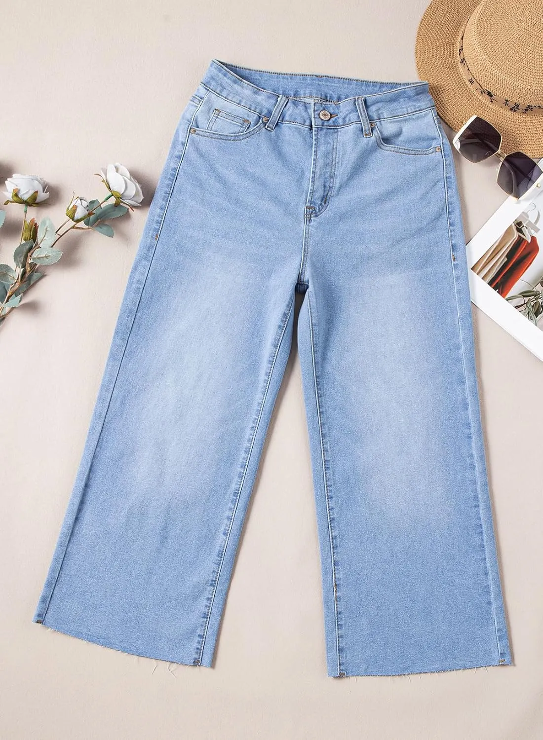 Sidefeel Women's High Waisted Jeans 2025 Wide Leg Zimbaplatinum Stretchy Baggy Capri Denim Pants