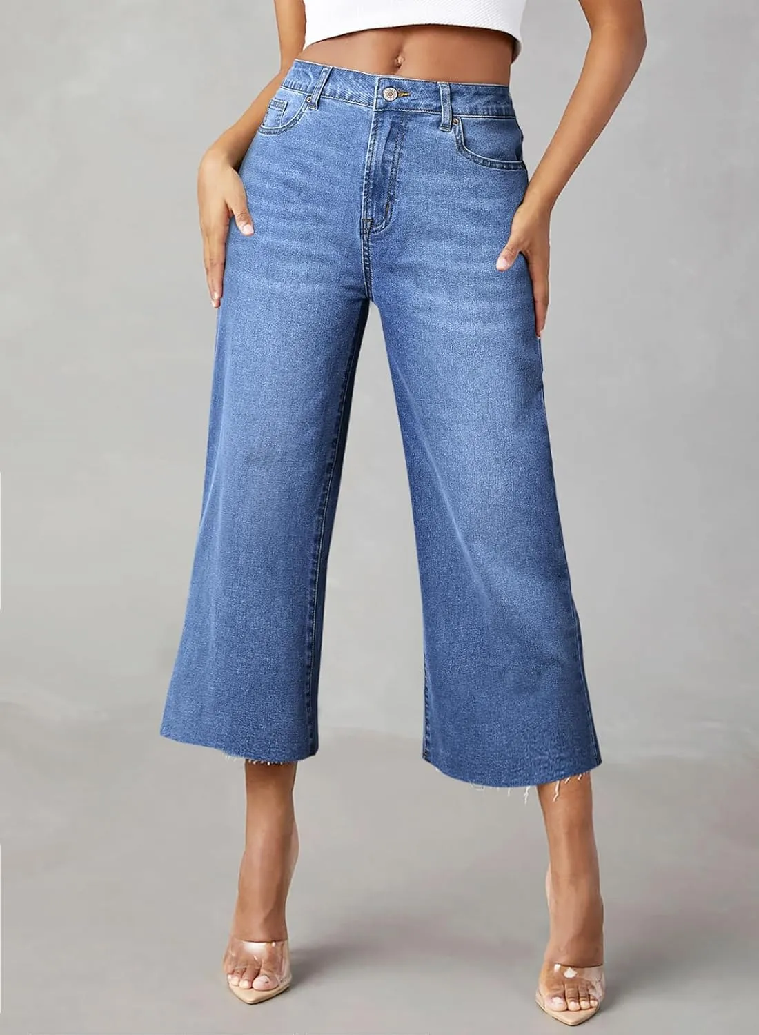 Sidefeel Women's High Waisted Jeans 2025 Wide Leg Zimbaplatinum Stretchy Baggy Capri Denim Pants