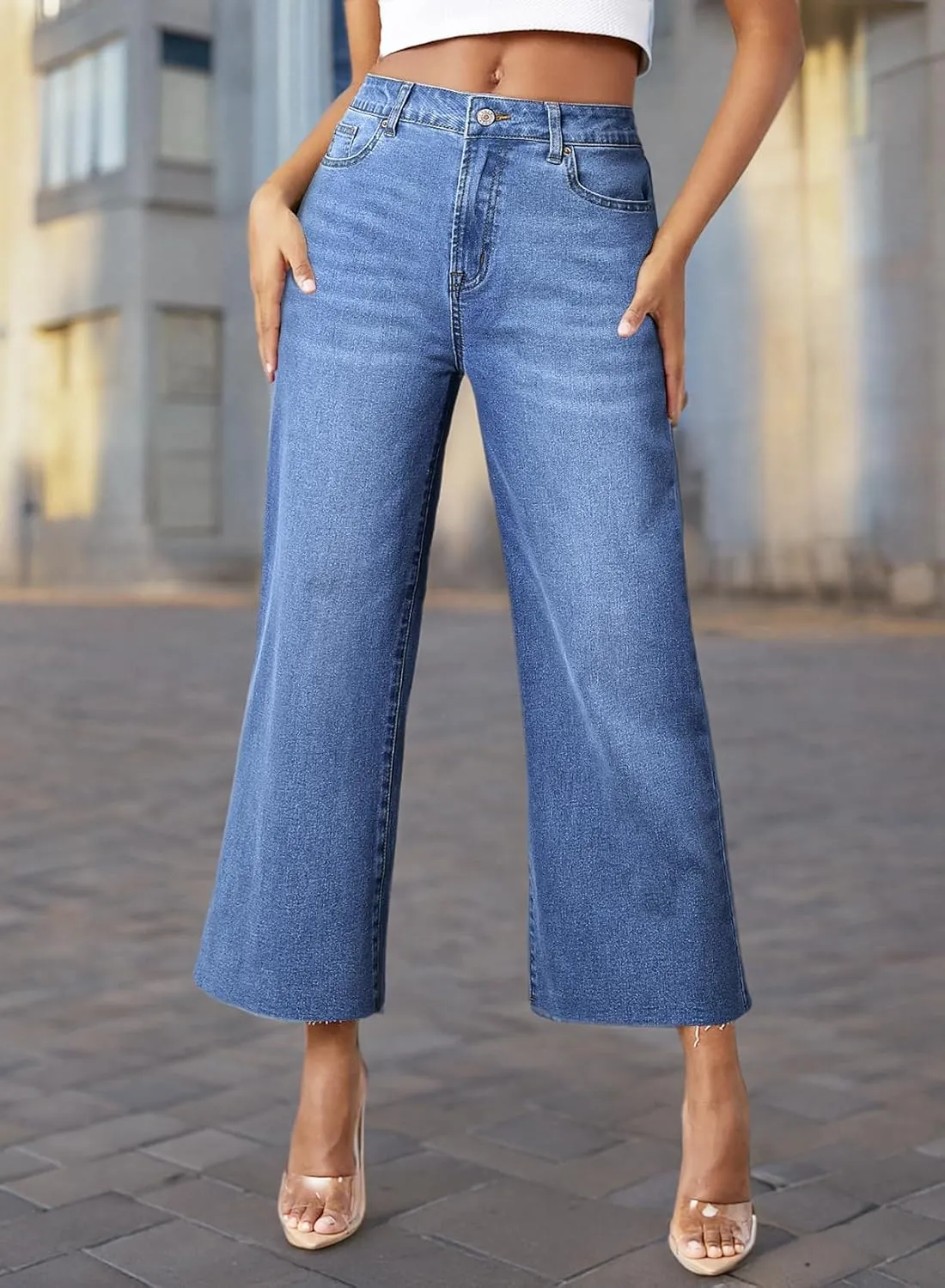 Sidefeel Women's High Waisted Jeans 2025 Wide Leg Zimbaplatinum Stretchy Baggy Capri Denim Pants