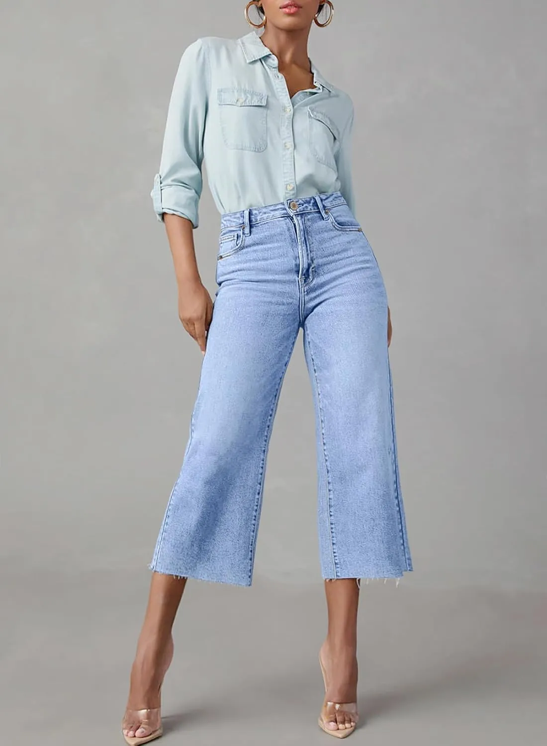 Sidefeel Women's High Waisted Jeans 2025 Wide Leg Zimbaplatinum Stretchy Baggy Capri Denim Pants