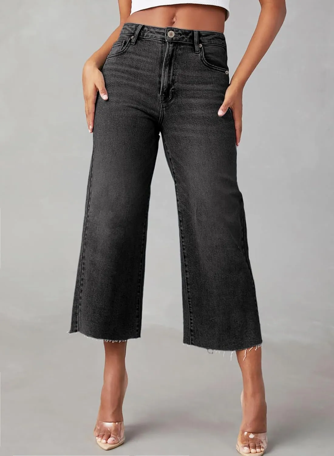 Sidefeel Women's High Waisted Jeans 2025 Wide Leg Zimbaplatinum Stretchy Baggy Capri Denim Pants