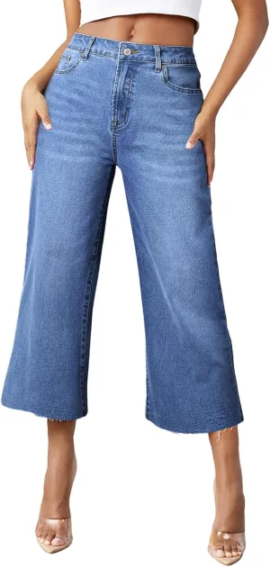 Sidefeel Women's High Waisted Jeans 2025 Wide Leg Zimbaplatinum Stretchy Baggy Capri Denim Pants
