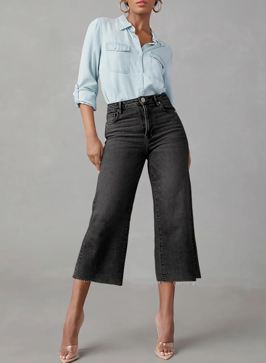 Sidefeel Women's High Waisted Jeans 2025 Wide Leg Zimbaplatinum Stretchy Baggy Capri Denim Pants