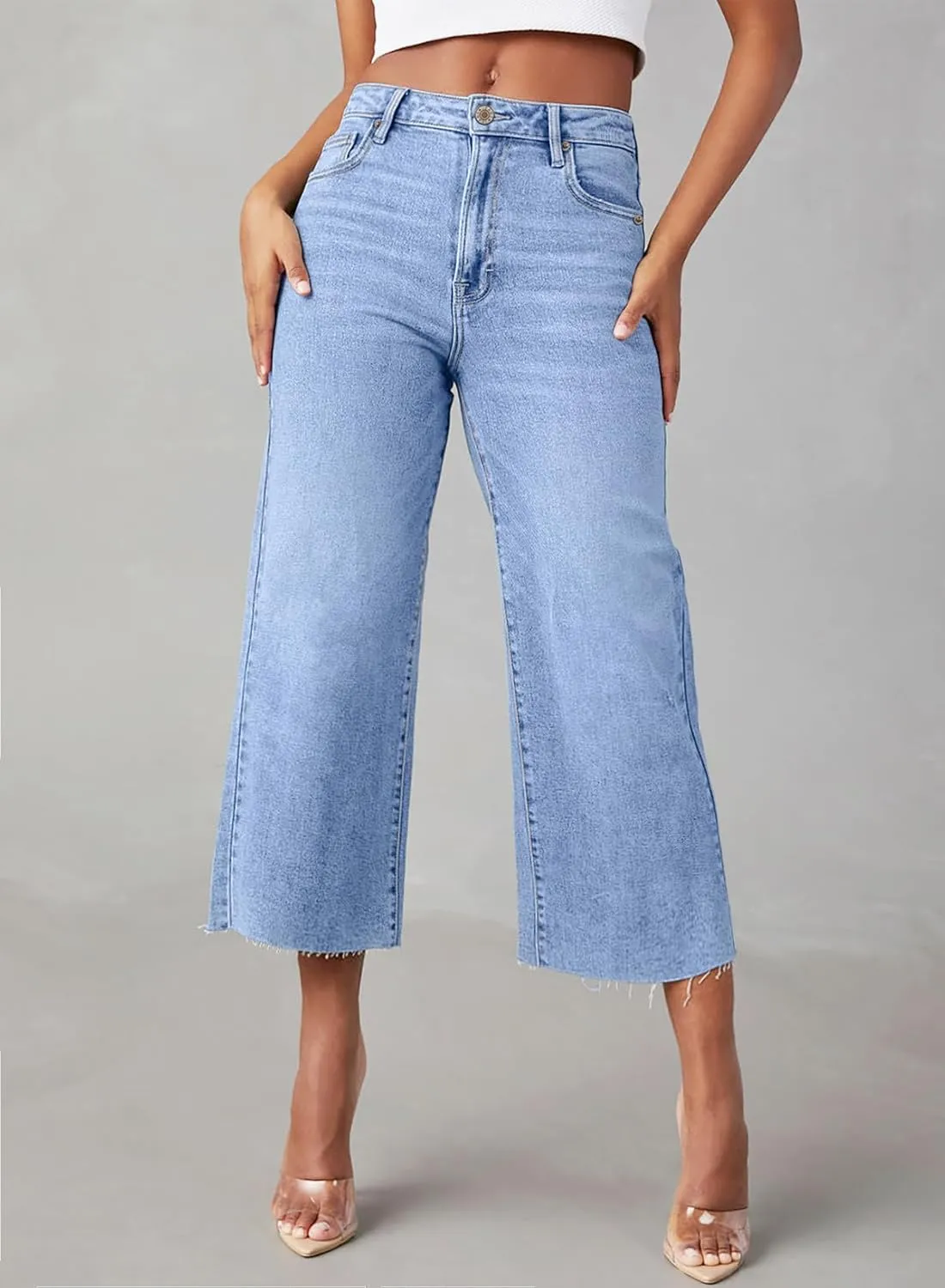 Sidefeel Women's High Waisted Jeans 2025 Wide Leg Zimbaplatinum Stretchy Baggy Capri Denim Pants