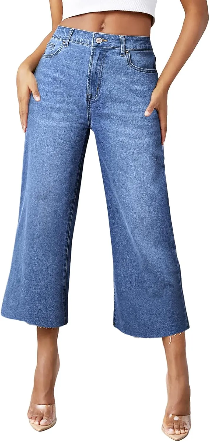 Sidefeel Women's High Waisted Jeans 2025 Wide Leg Zimbaplatinum Stretchy Baggy Capri Denim Pants