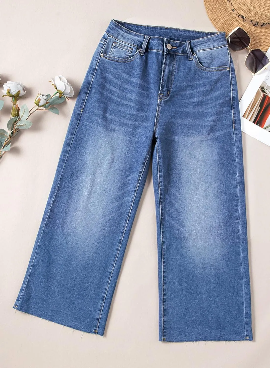 Sidefeel Women's High Waisted Jeans 2025 Wide Leg Zimbaplatinum Stretchy Baggy Capri Denim Pants