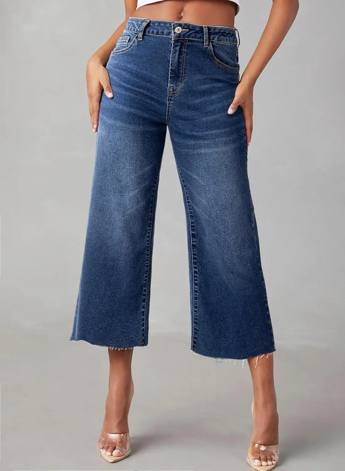 Sidefeel Women's High Waisted Jeans 2025 Wide Leg Zimbaplatinum Stretchy Baggy Capri Denim Pants