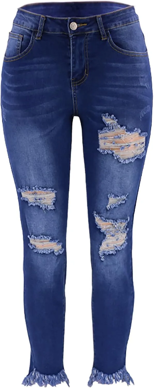 Skinny Jeans for Women Distressed Flap Hem Skinny Jeans Street Ripped Ankle Pants Low Waist Stretch Denim Pants