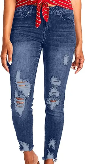 Skinny Jeans for Women Distressed Flap Hem Skinny Jeans Street Ripped Ankle Pants Low Waist Stretch Denim Pants