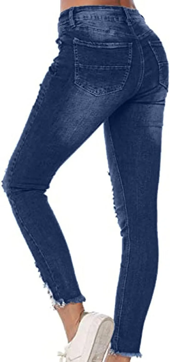 Skinny Jeans for Women Distressed Flap Hem Skinny Jeans Street Ripped Ankle Pants Low Waist Stretch Denim Pants