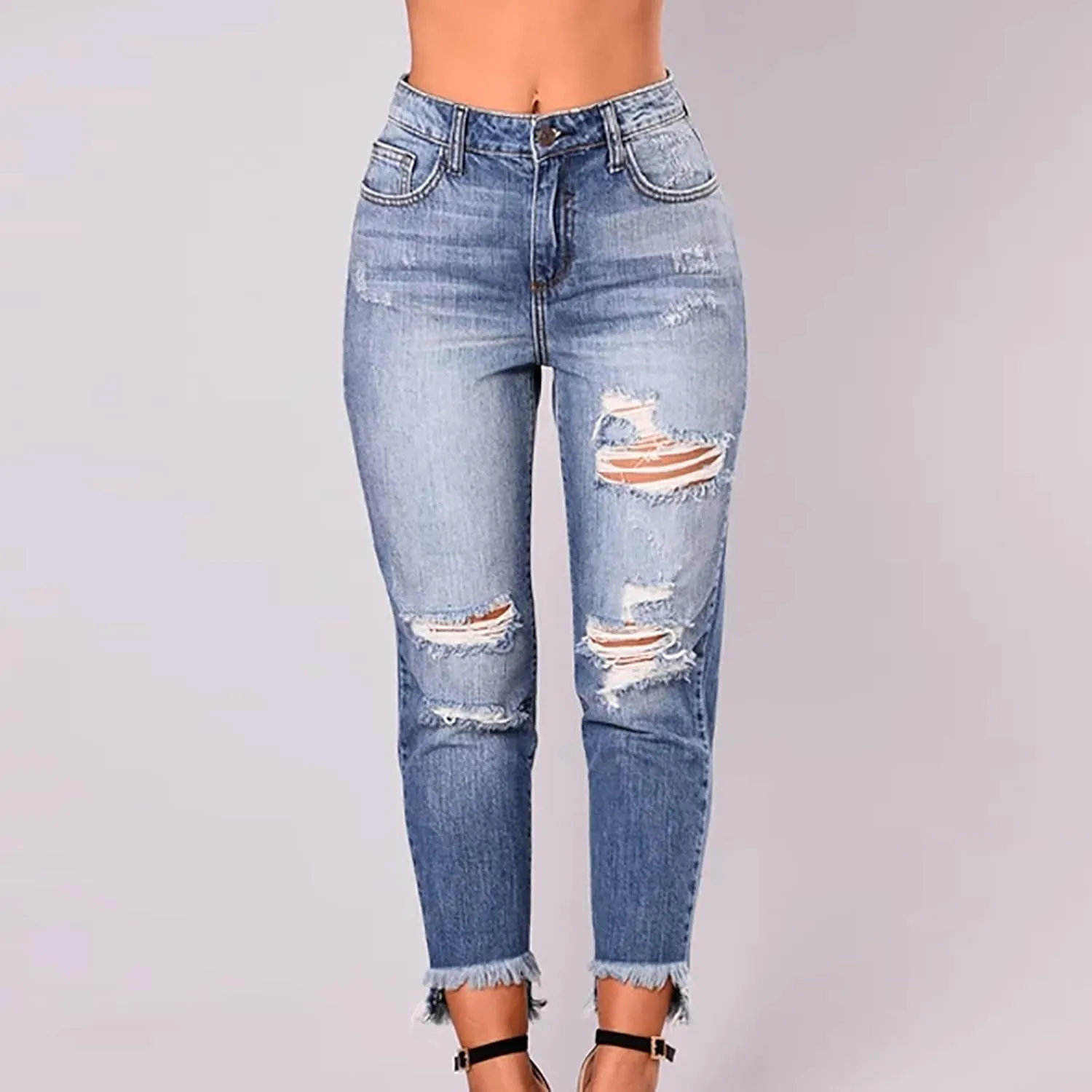 Skinny Jeans for Women Distressed Flap Hem Skinny Jeans Street Ripped Ankle Pants Low Waist Stretch Denim Pants