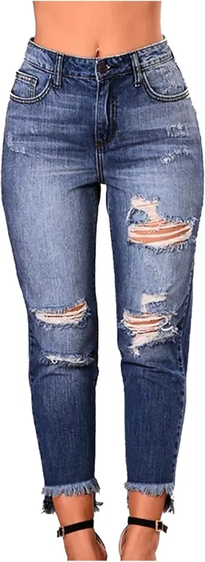 Skinny Jeans for Women Distressed Flap Hem Skinny Jeans Street Ripped Ankle Pants Low Waist Stretch Denim Pants