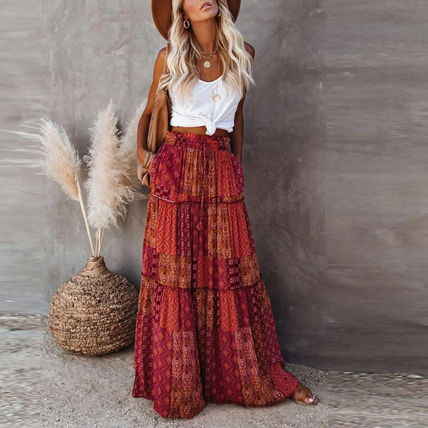 Skirts for Women Trendy,Ruffle Hem Elastic High Waisted Drawstring Bohemian Flowy Maxi Skirts 2025 Summer Vacation