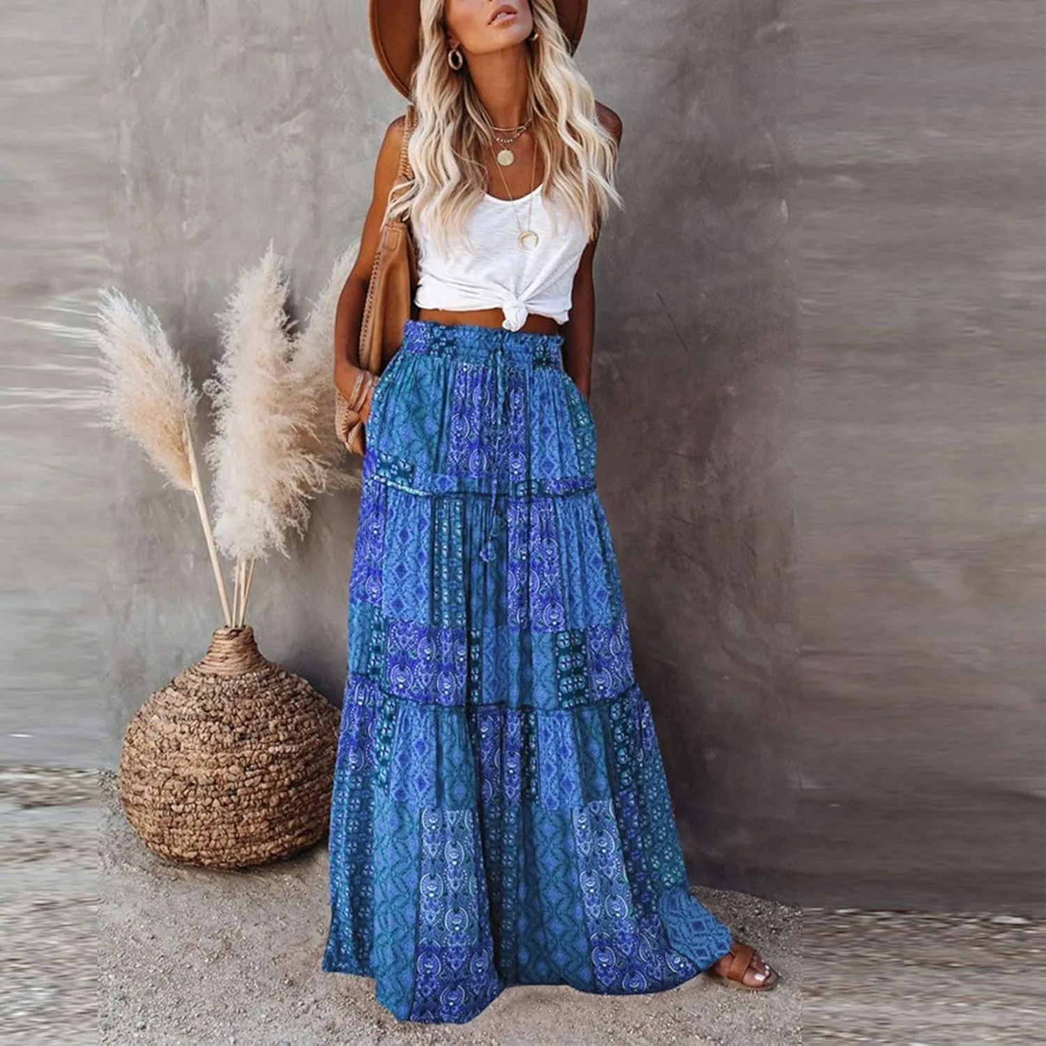 Skirts for Women Trendy,Ruffle Hem Elastic High Waisted Drawstring Bohemian Flowy Maxi Skirts 2025 Summer Vacation