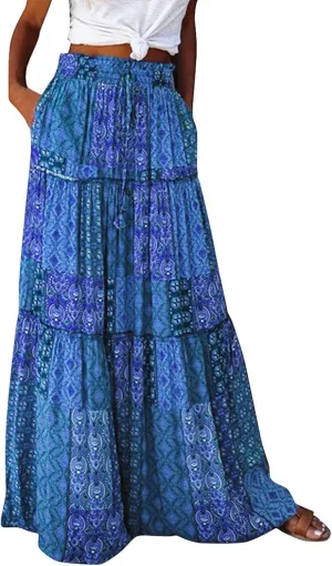 Skirts for Women Trendy,Ruffle Hem Elastic High Waisted Drawstring Bohemian Flowy Maxi Skirts 2025 Summer Vacation