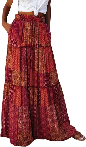 Skirts for Women Trendy,Ruffle Hem Elastic High Waisted Drawstring Bohemian Flowy Maxi Skirts 2025 Summer Vacation