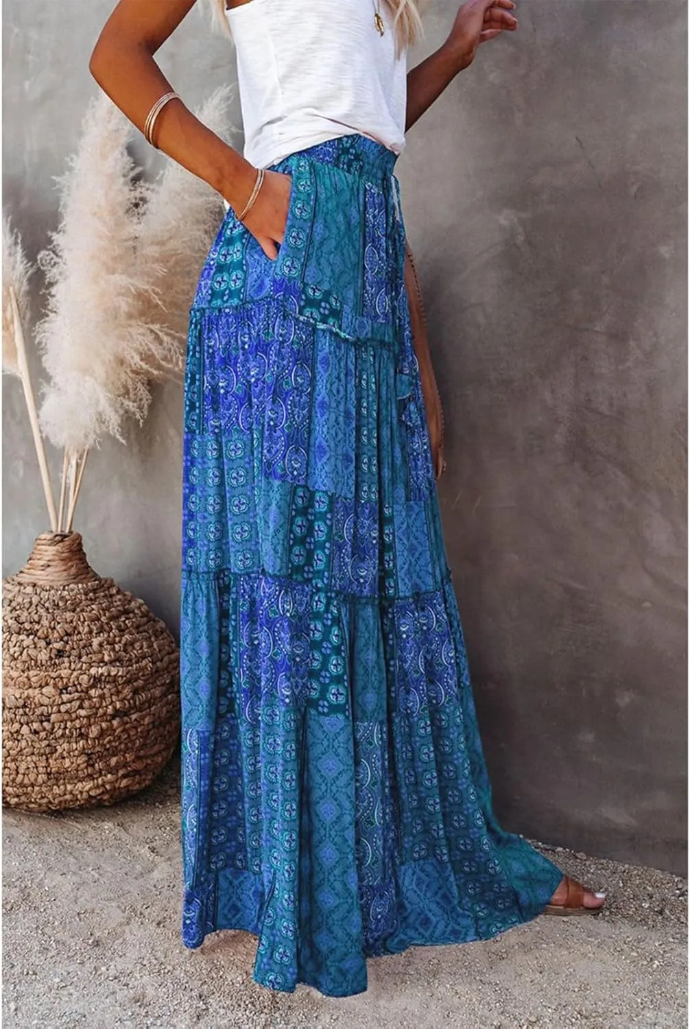 Skirts for Women Trendy,Ruffle Hem Elastic High Waisted Drawstring Bohemian Flowy Maxi Skirts 2025 Summer Vacation