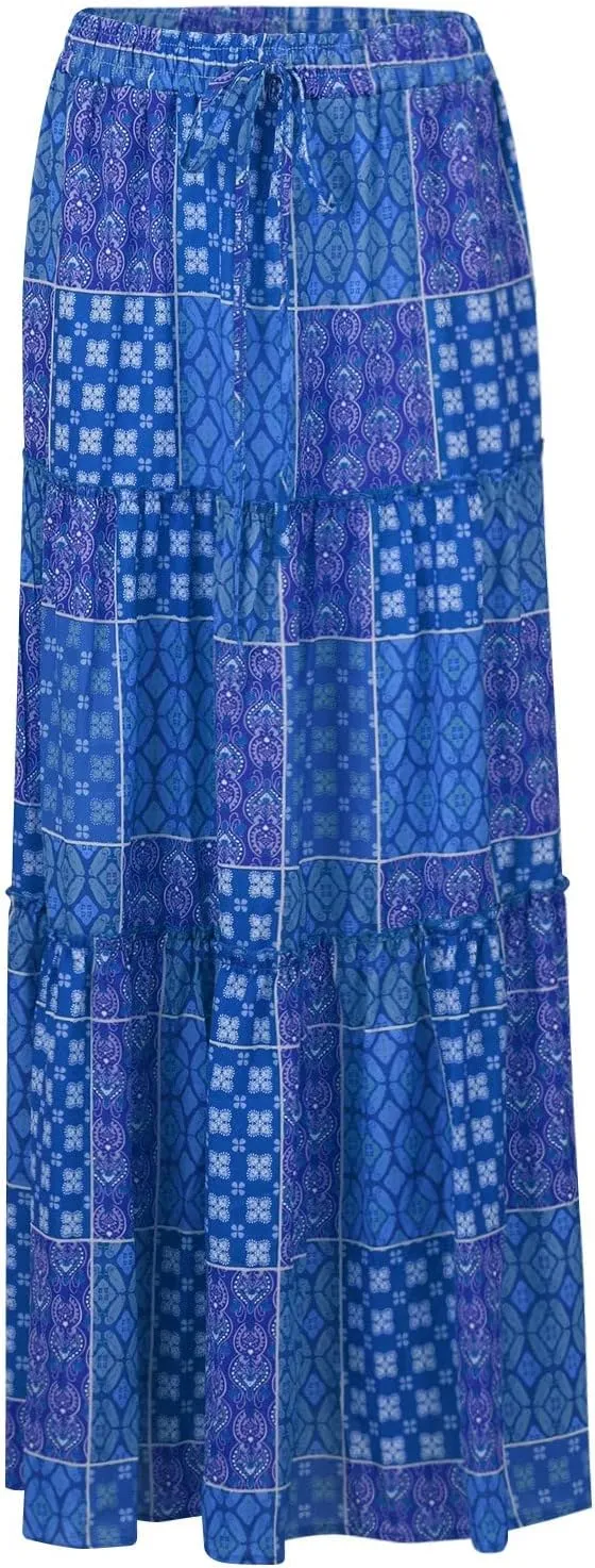 Skirts for Women Trendy,Ruffle Hem Elastic High Waisted Drawstring Bohemian Flowy Maxi Skirts 2025 Summer Vacation