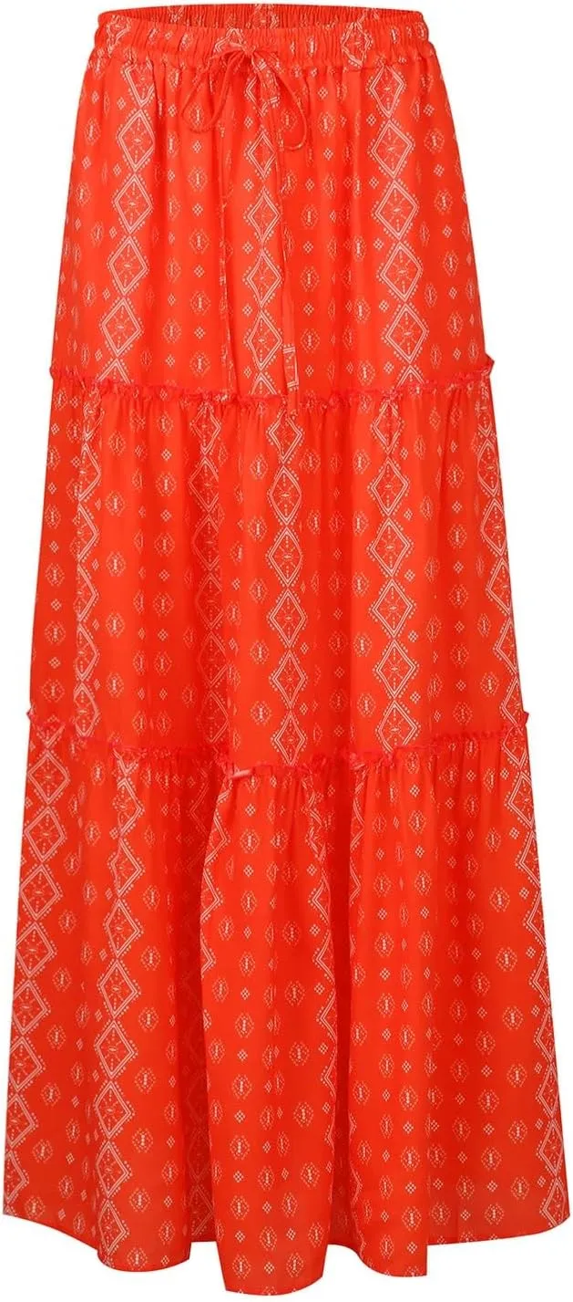 Skirts for Women Trendy,Ruffle Hem Elastic High Waisted Drawstring Bohemian Flowy Maxi Skirts 2025 Summer Vacation
