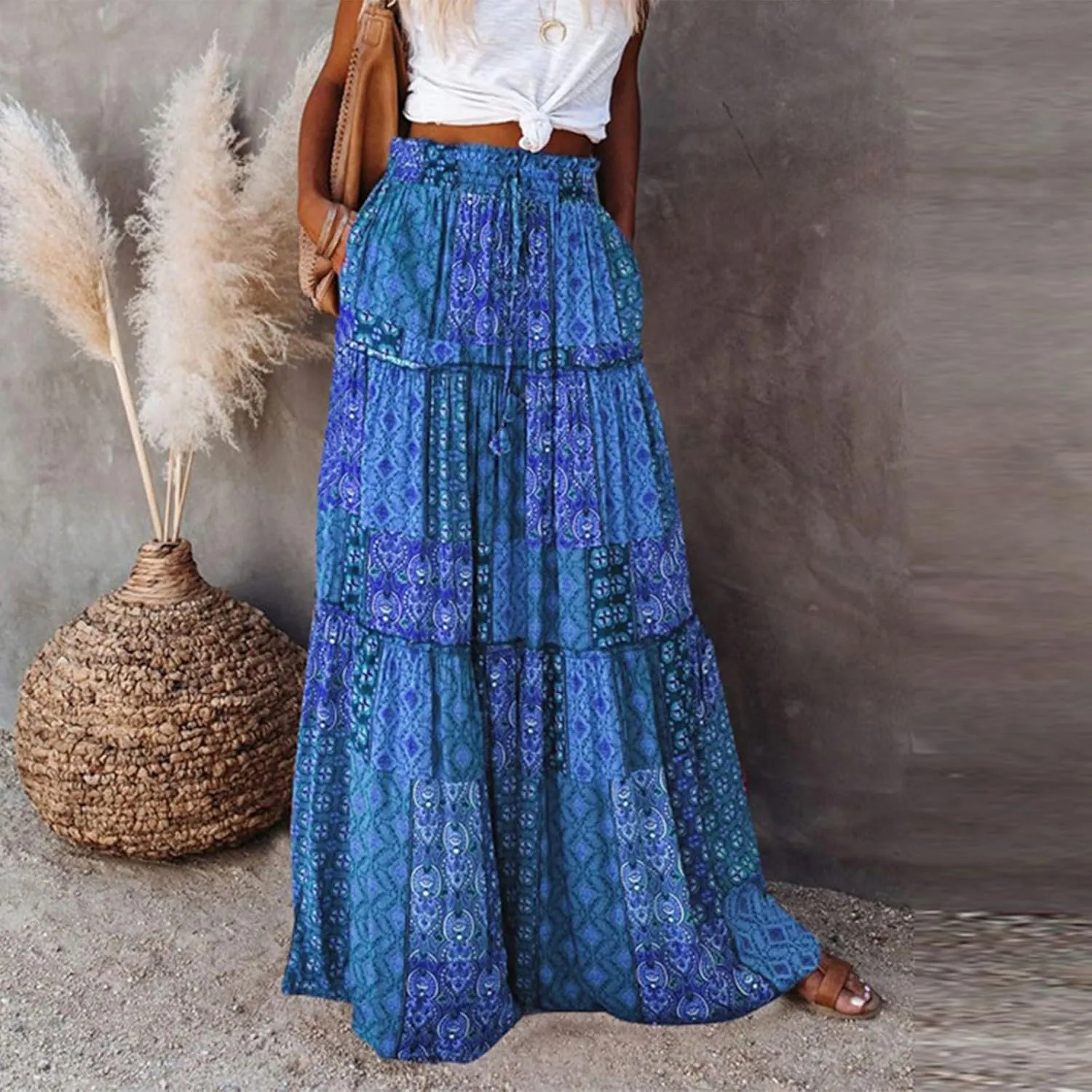 Skirts for Women Trendy,Ruffle Hem Elastic High Waisted Drawstring Bohemian Flowy Maxi Skirts 2025 Summer Vacation