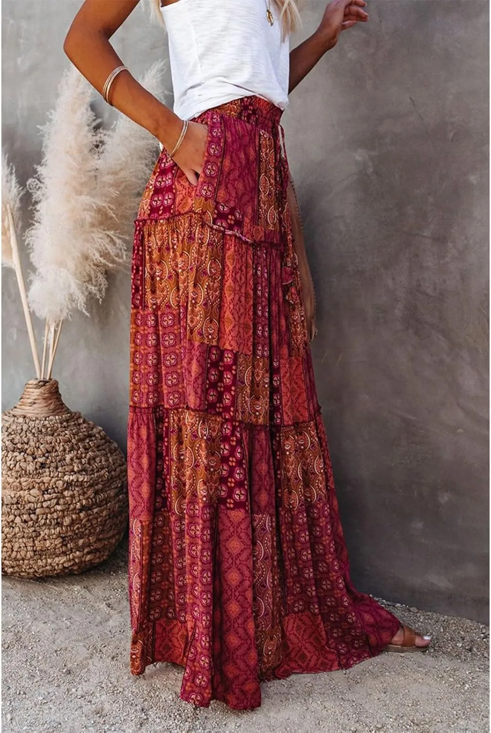 Skirts for Women Trendy,Ruffle Hem Elastic High Waisted Drawstring Bohemian Flowy Maxi Skirts 2025 Summer Vacation